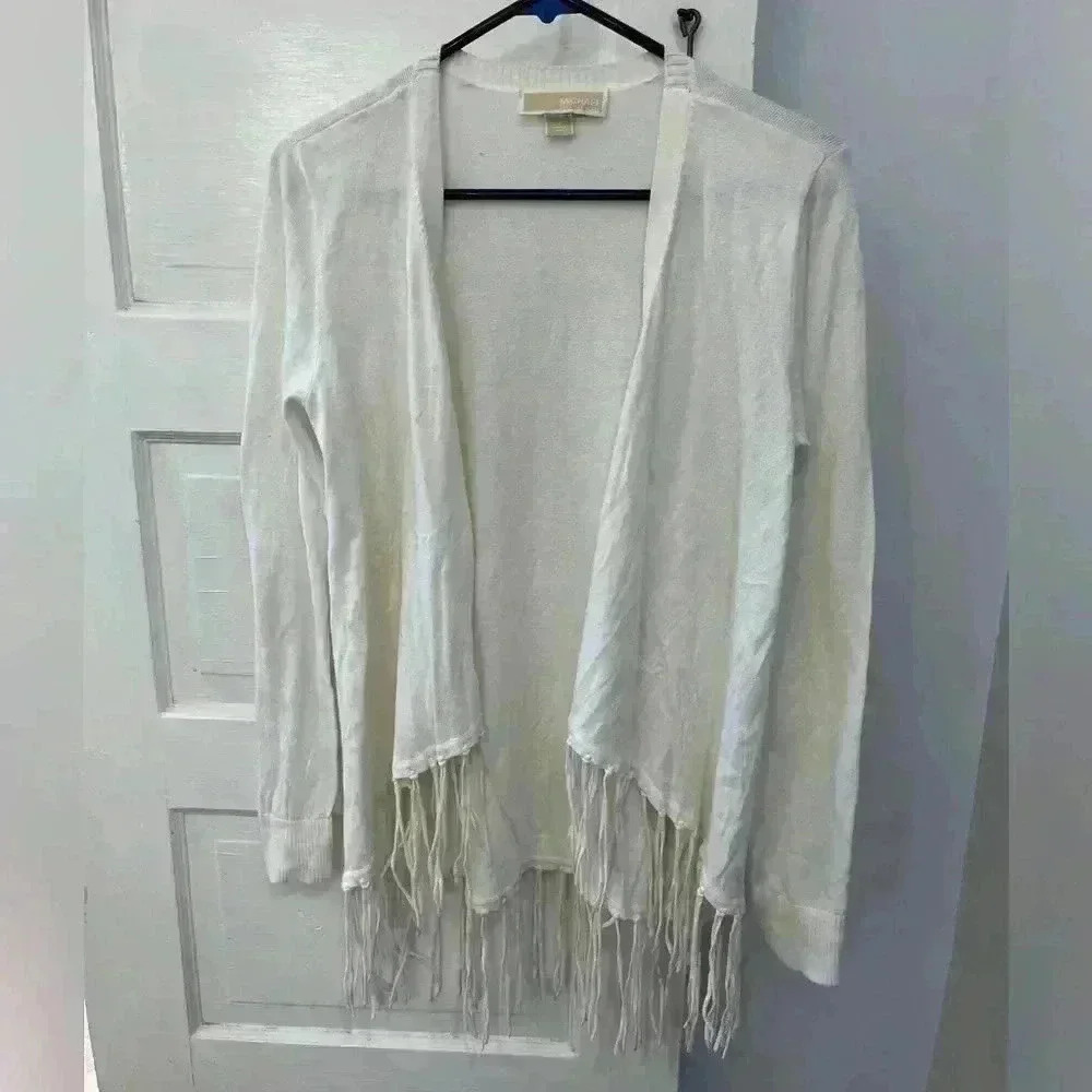 Michael Kors Cardigan Womens Small White Open Front Fringe Hem Lightweight Knit